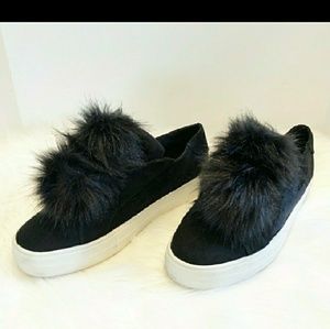 Black pom pom fuzzy shoes